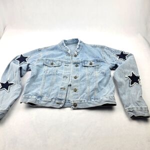 Raw hem collar pearl star bomber style denim jacket‎
